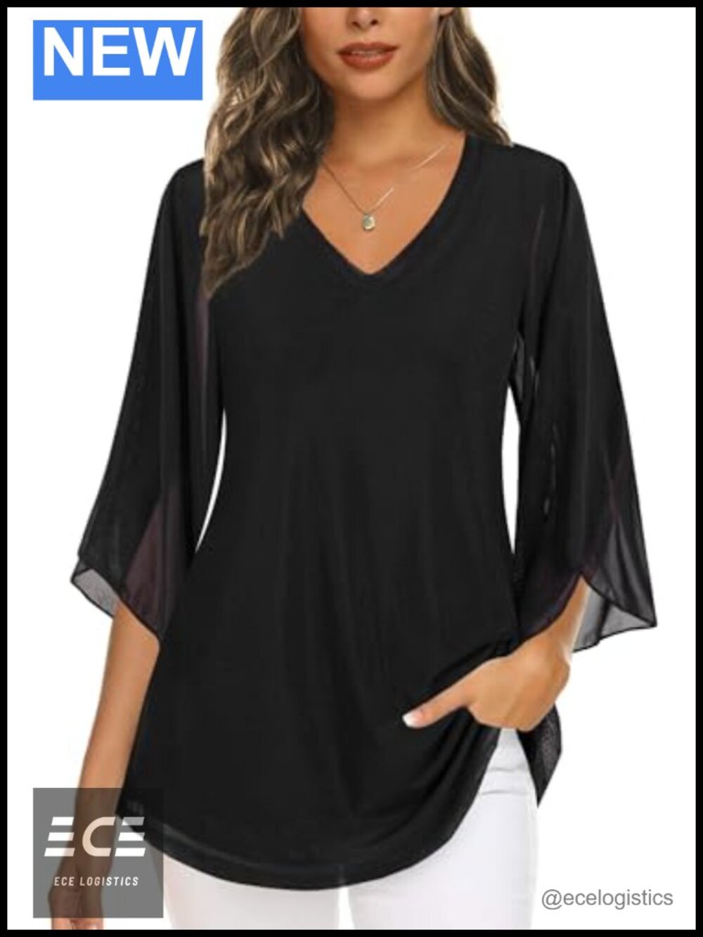 Women's 3/4 Ruffle Sleeve V Neck Double Layer Mesh Tunic Blouse